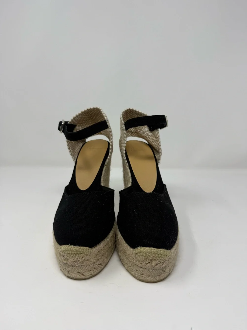 Castaner Black Canvas Espadrille Wedge Sandals with Ankle Strap